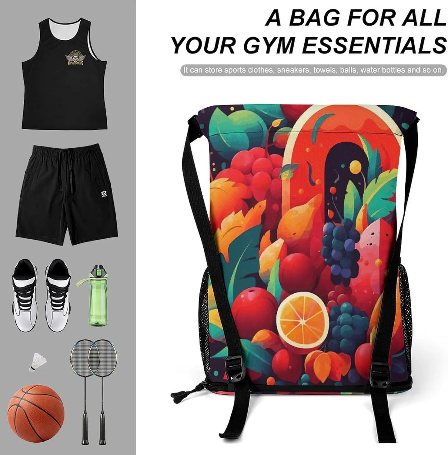 Sports Drawstring Backpack Lightweight Small Gym Bag Colorful Fruits And Vegetables Gym Sackpack for Women Men