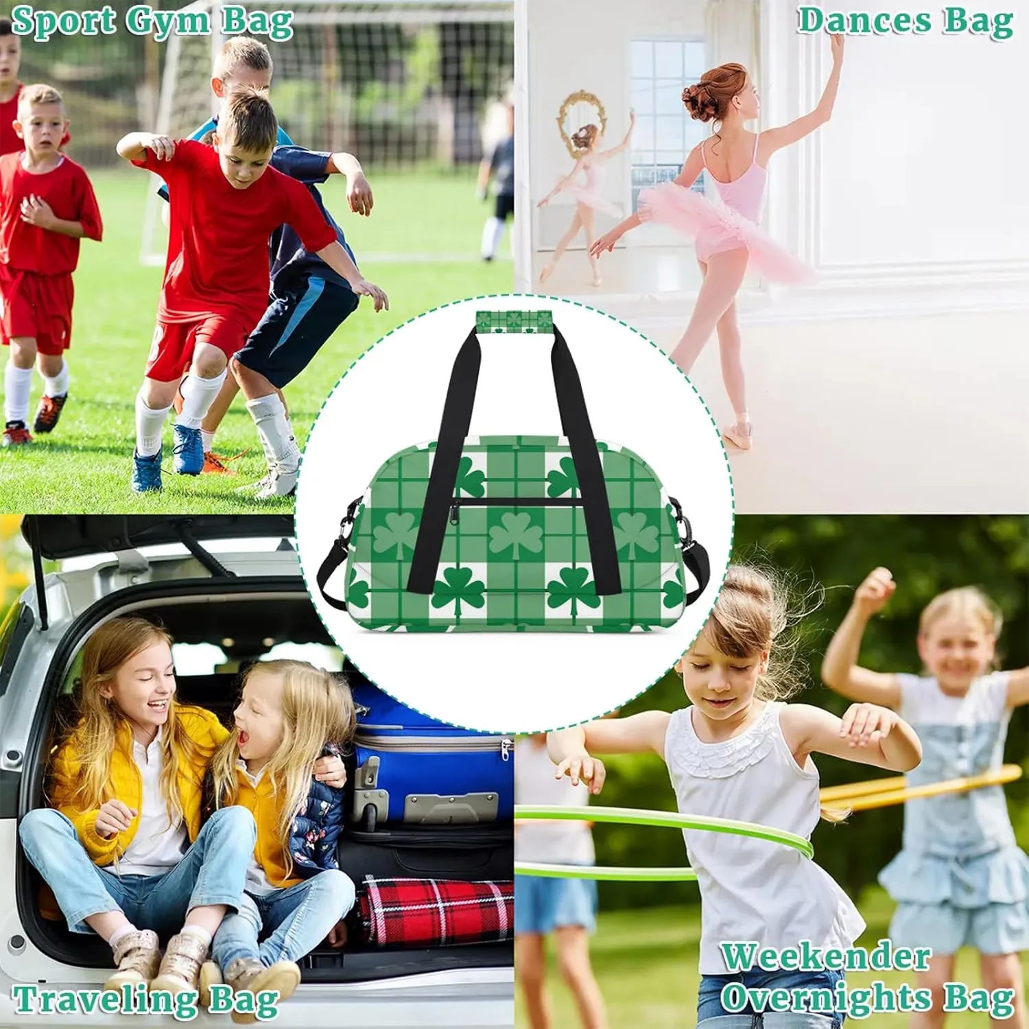 St Patricks Day Shamrock 18 inch Small Gym Bag for Women and Men, Lightweight Carry On Weekender Bag Mini Duffel Bag for Travel Sports Workout