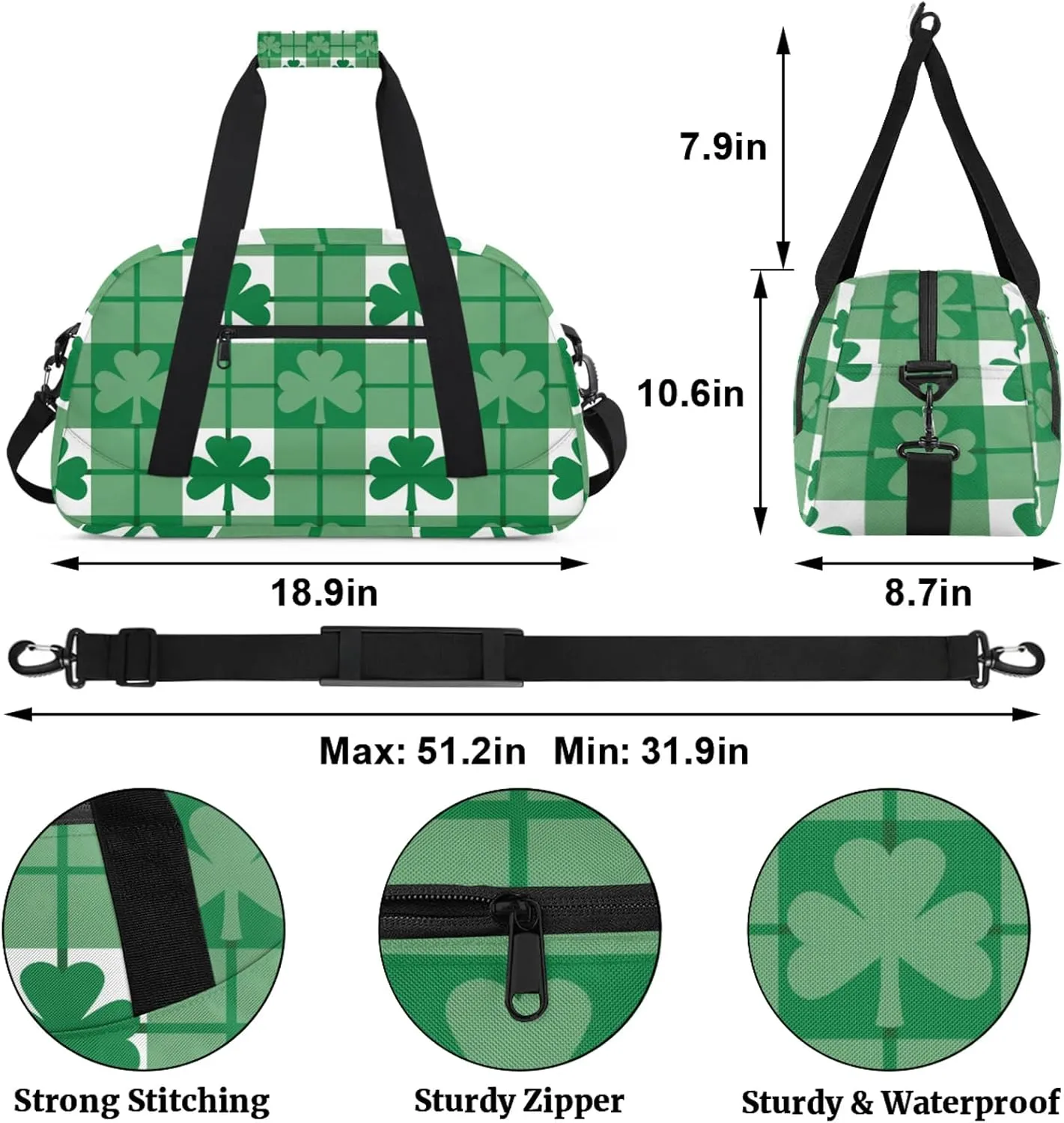 St Patricks Day Shamrock 18 inch Small Gym Bag for Women and Men, Lightweight Carry On Weekender Bag Mini Duffel Bag for Travel Sports Workout
