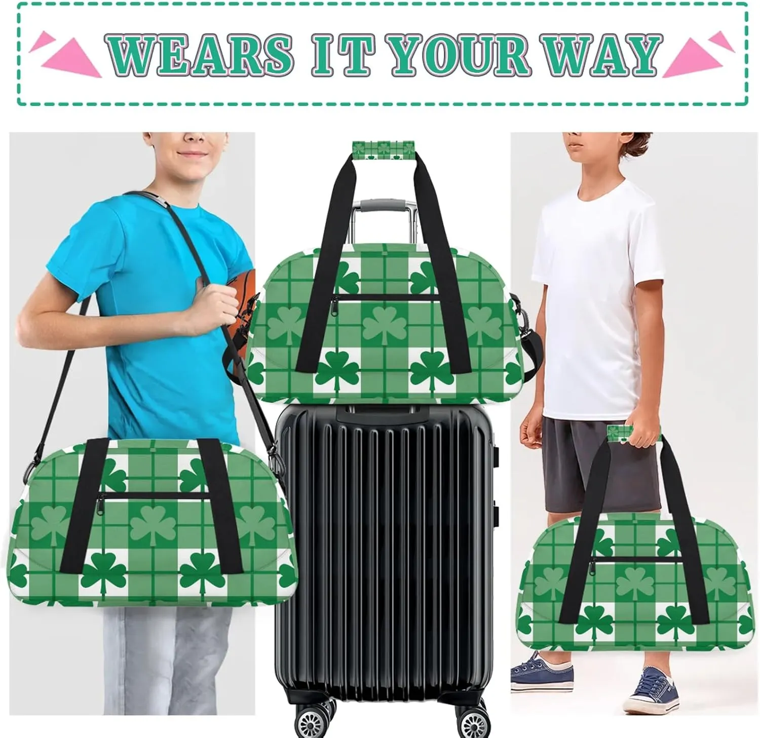 St Patricks Day Shamrock 18 inch Small Gym Bag for Women and Men, Lightweight Carry On Weekender Bag Mini Duffel Bag for Travel Sports Workout