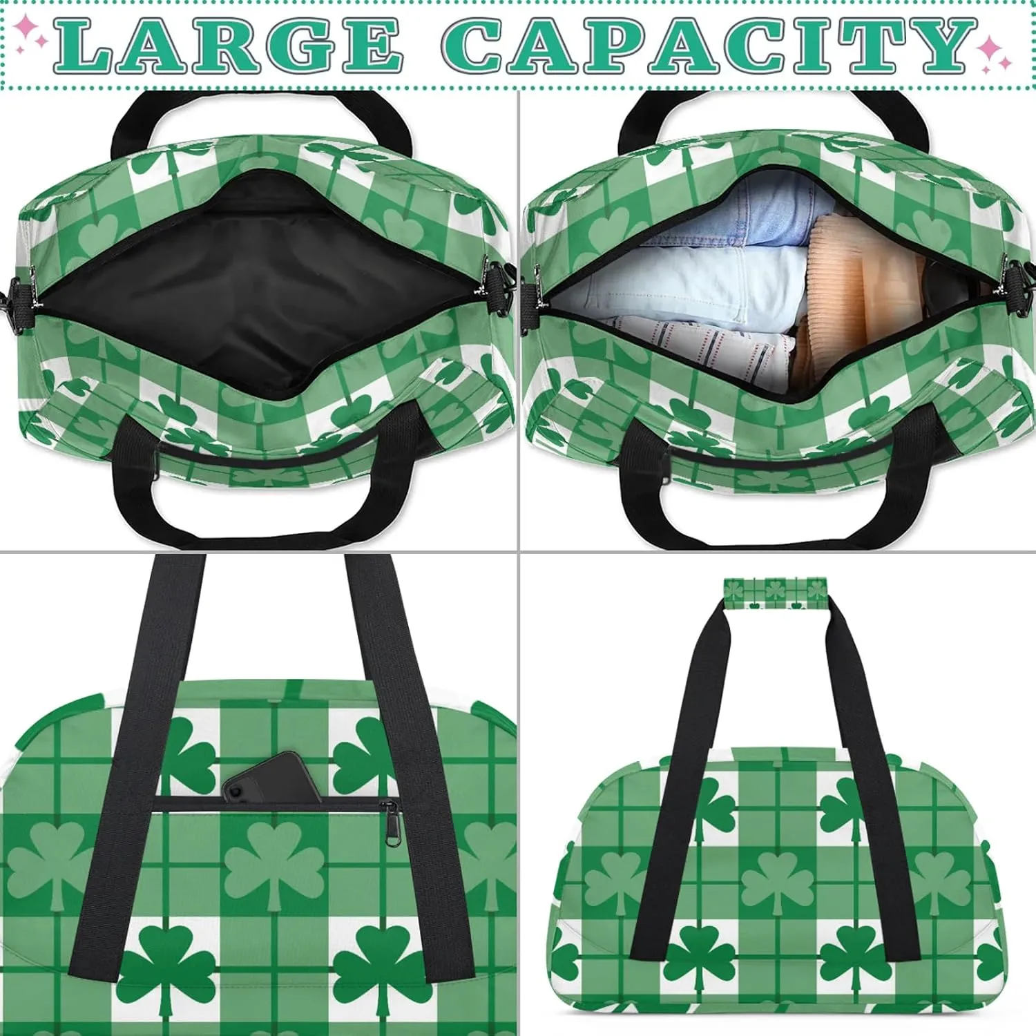 St Patricks Day Shamrock 18 inch Small Gym Bag for Women and Men, Lightweight Carry On Weekender Bag Mini Duffel Bag for Travel Sports Workout