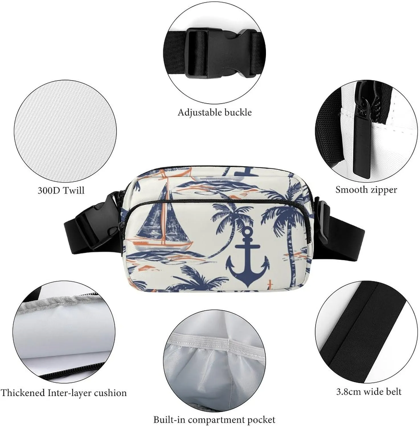 Summer Nautical Belt Bag Fanny Pack Crossbody Anchor Palm Trees Fashion Waist Packs With Adjustable Strap For Men Women Travel Hiking Cycling Running