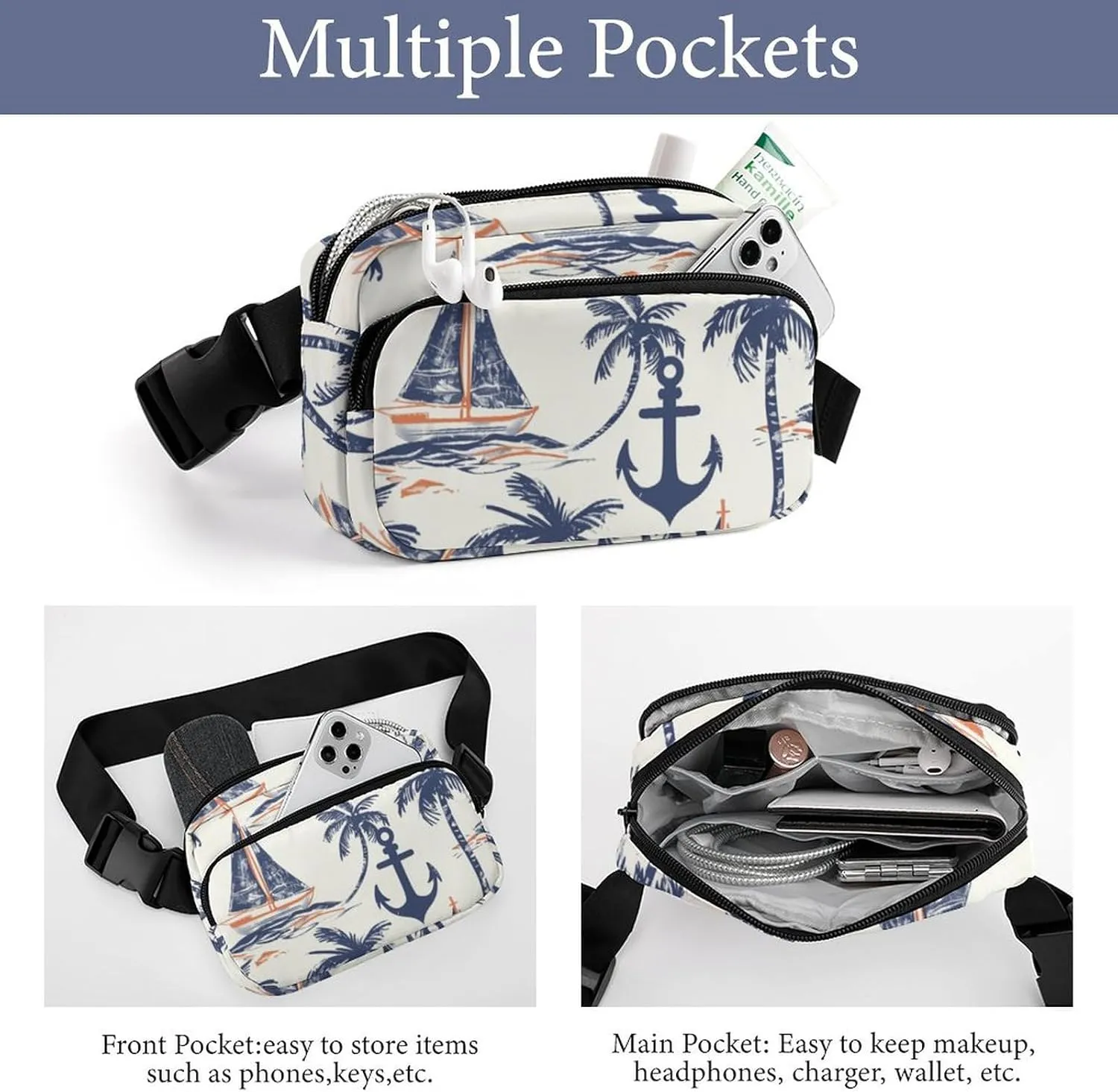 Summer Nautical Belt Bag Fanny Pack Crossbody Anchor Palm Trees Fashion Waist Packs With Adjustable Strap For Men Women Travel Hiking Cycling Running