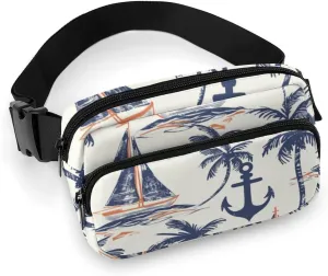 Summer Nautical Belt Bag Fanny Pack Crossbody Anchor Palm Trees Fashion Waist Packs With Adjustable Strap For Men Women Travel Hiking Cycling Running