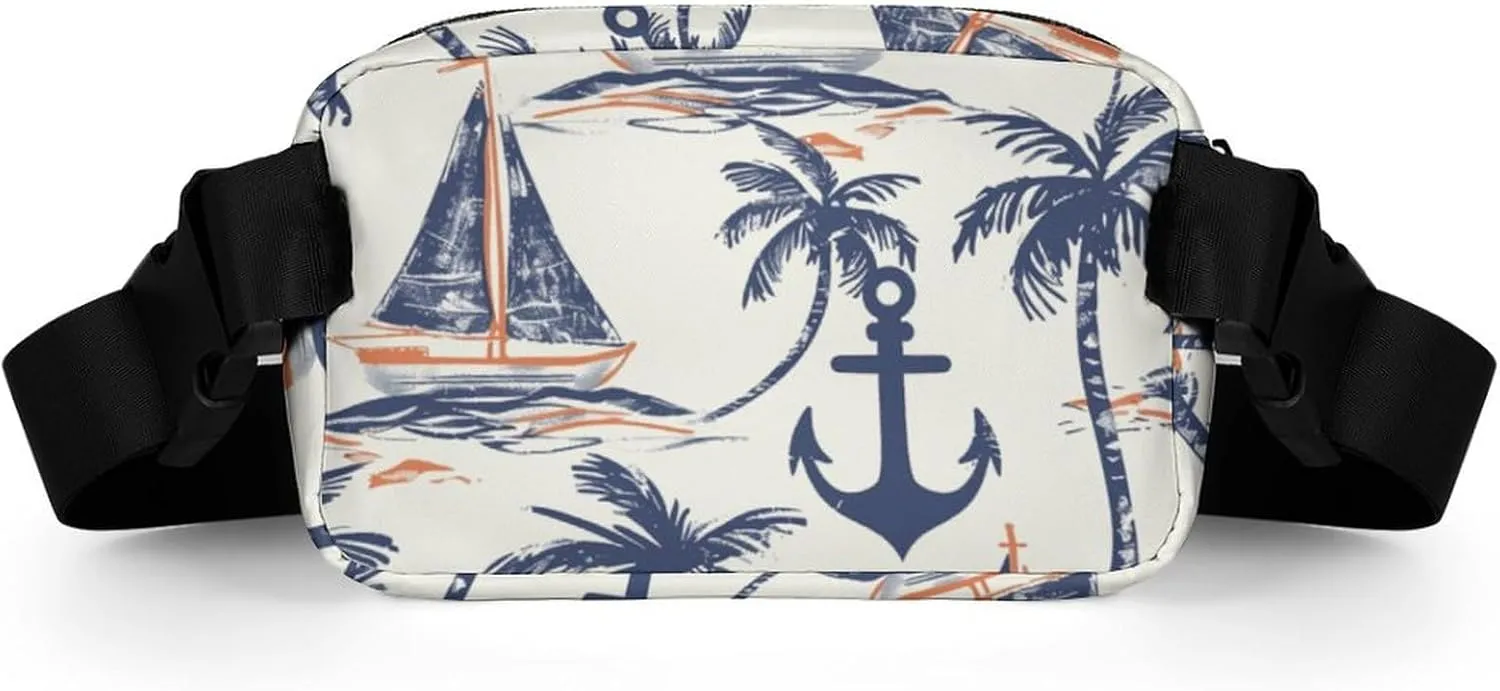 Summer Nautical Belt Bag Fanny Pack Crossbody Anchor Palm Trees Fashion Waist Packs With Adjustable Strap For Men Women Travel Hiking Cycling Running