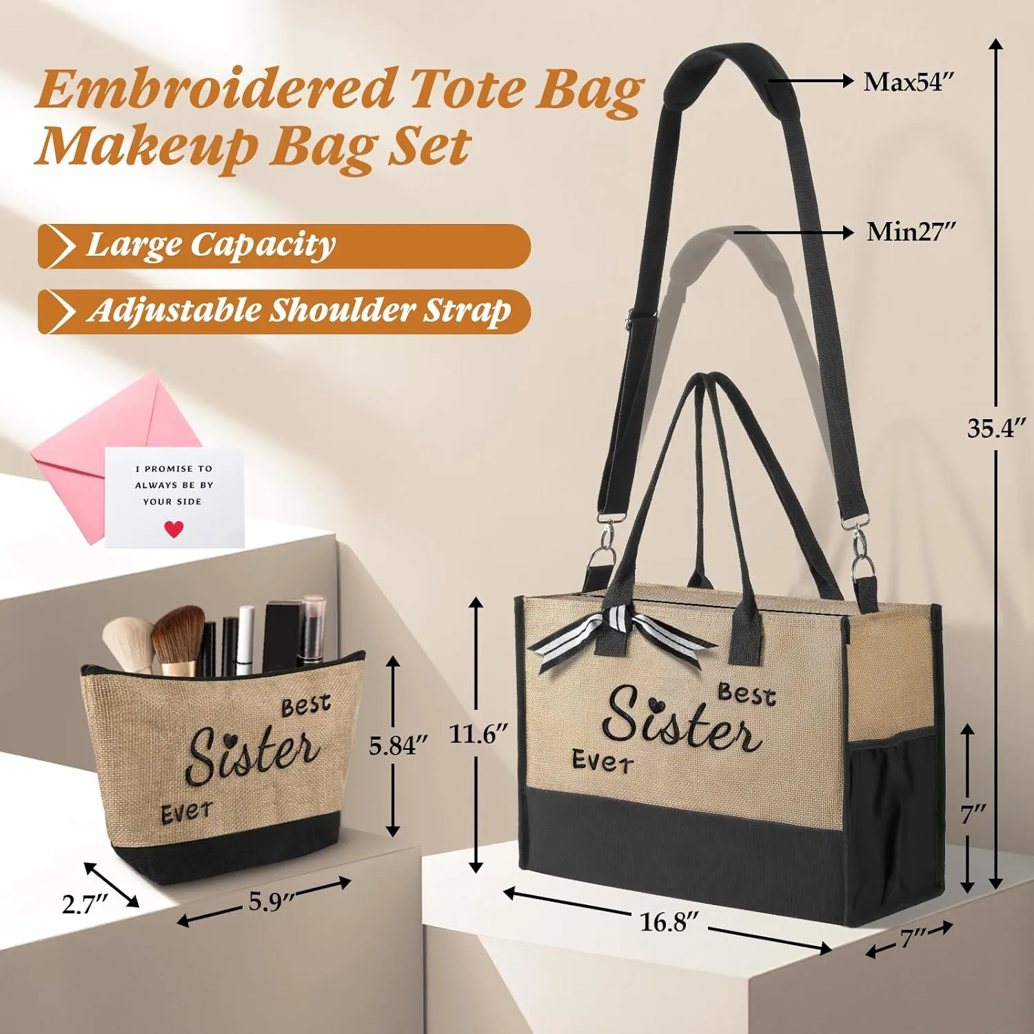 TRSODD Birthday Gifts for Women Personalized Gifts for Friend Sister Bridesmaid Teacher Jute Straw Tote Bag and Makeup Bag