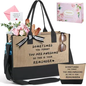 TRSODD Birthday Gifts for Women Personalized Gifts for Friend Sister Bridesmaid Teacher Jute Straw Tote Bag and Makeup Bag