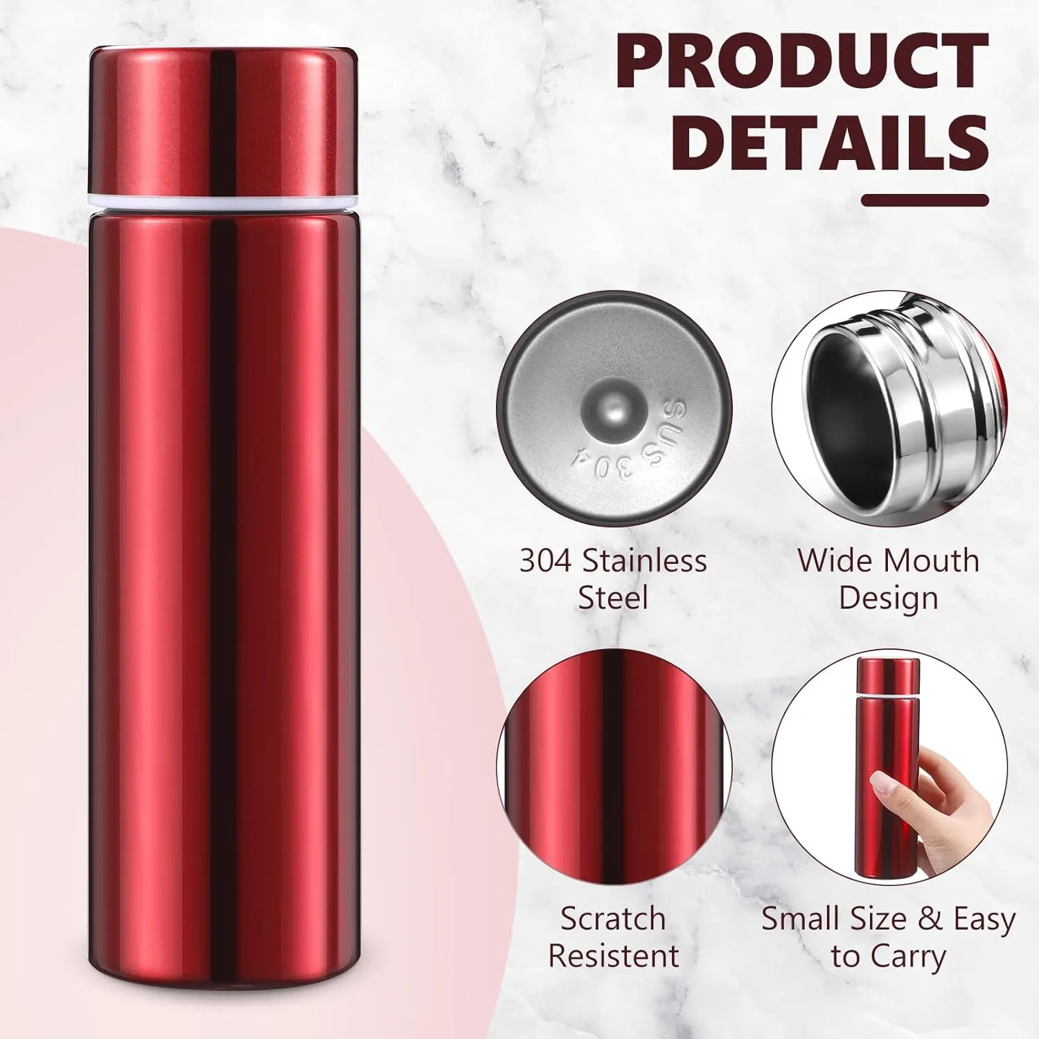 Vesici Mini Water Bottles 4.4 oz Cute Small Insulated Stainless Steel Purse Water Bottles Pocket Slim Flask Keeps Drink Cold and Hot for Women Lunch Bag Coffee(Red,1 Pack)