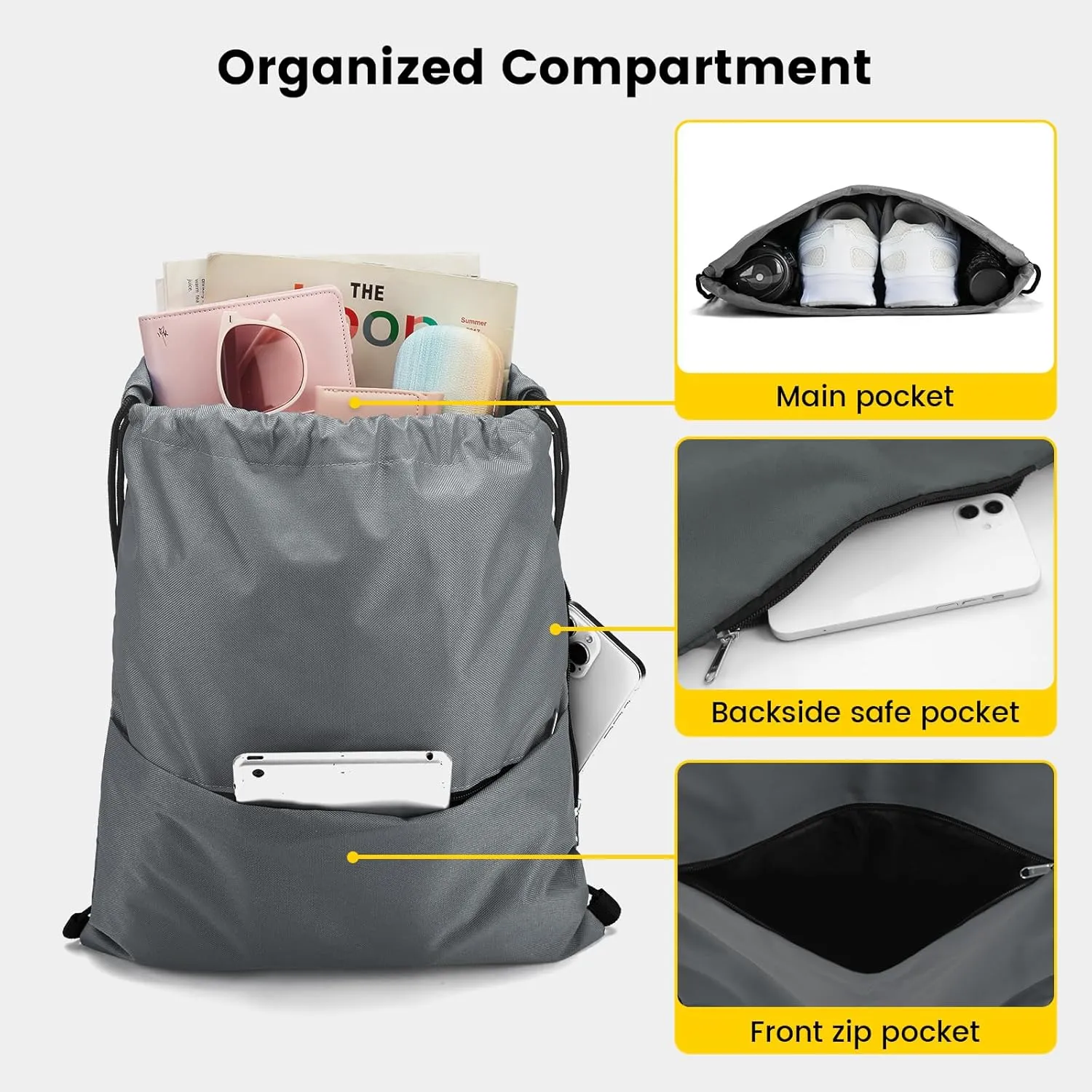 Vorspack Drawstring Backpack Water Resistant String Bag Sports Sackpack Gym Sack with Side Pocket for Men Women