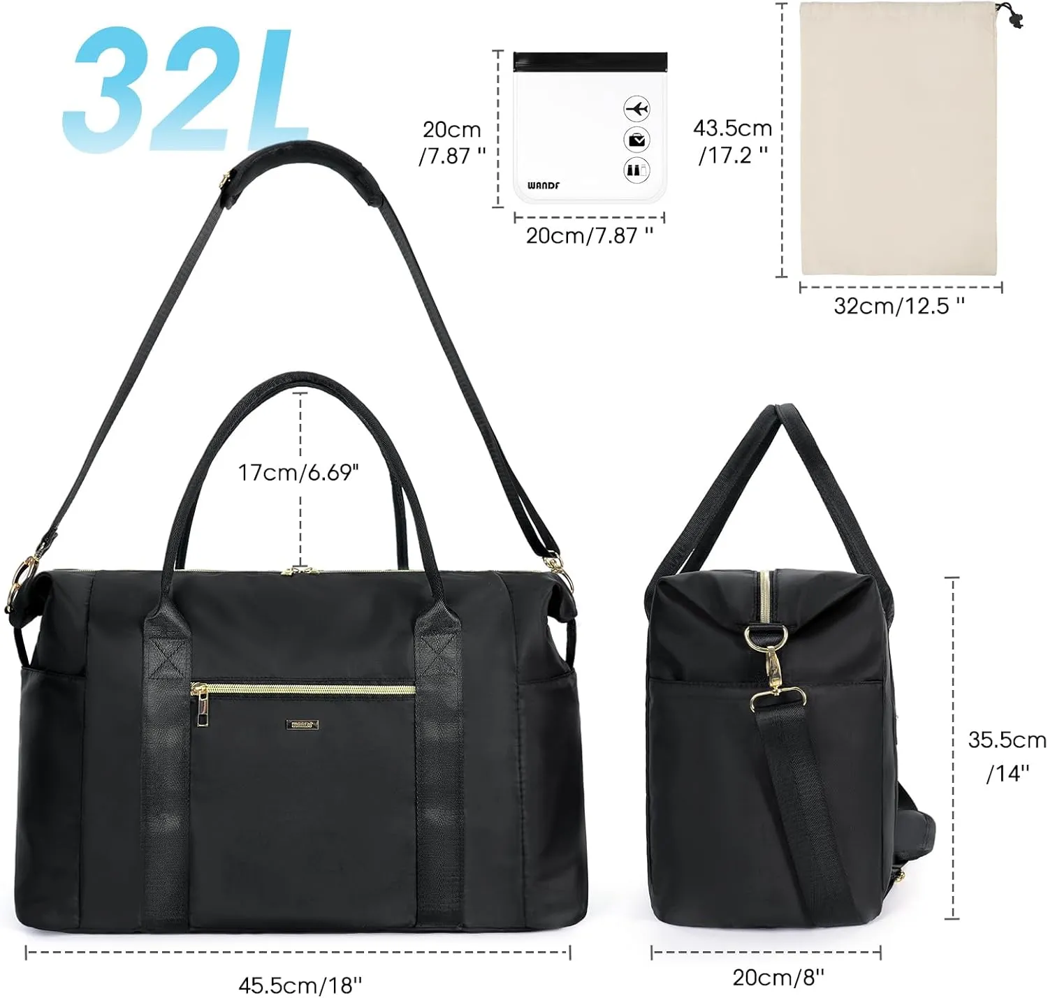WANDF For Spirit Airlines Personal Item Bag 18x14x8 Travel Duffel Bag with TSA Approved Quart Size Bag & Shoe Bags Weekender Overnight Carry-on Luggage for Women (Black)