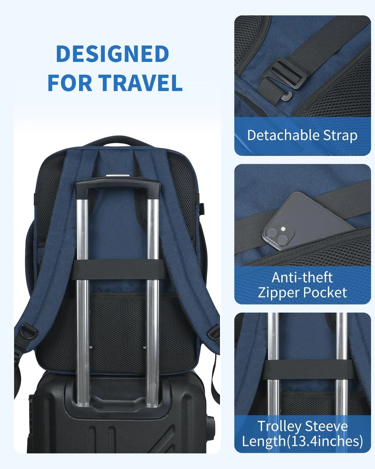 WANDF Travel Backpack For Spirit Airlines Personal Item Bag 18x14x8 with Wet Pocket, 17 Inch Laptop Backpack for Men WomenNavy Blue