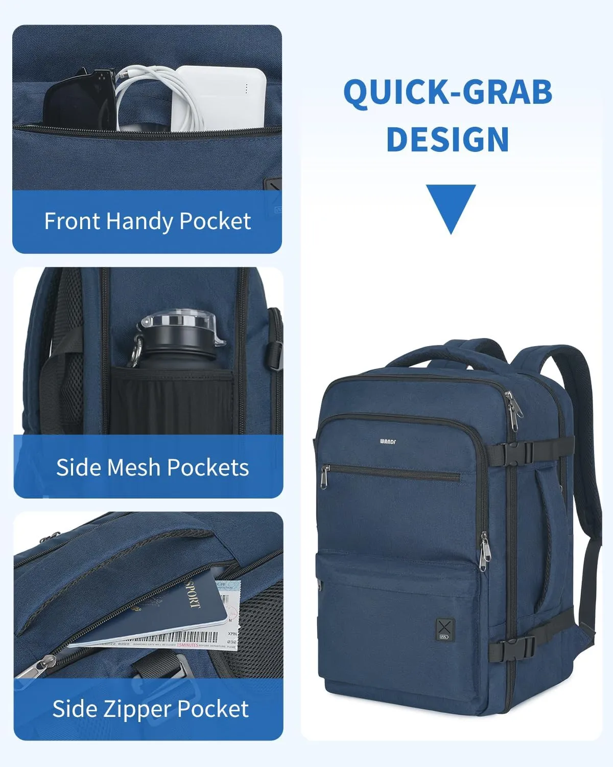 WANDF Travel Backpack For Spirit Airlines Personal Item Bag 18x14x8 with Wet Pocket, 17 Inch Laptop Backpack for Men WomenNavy Blue