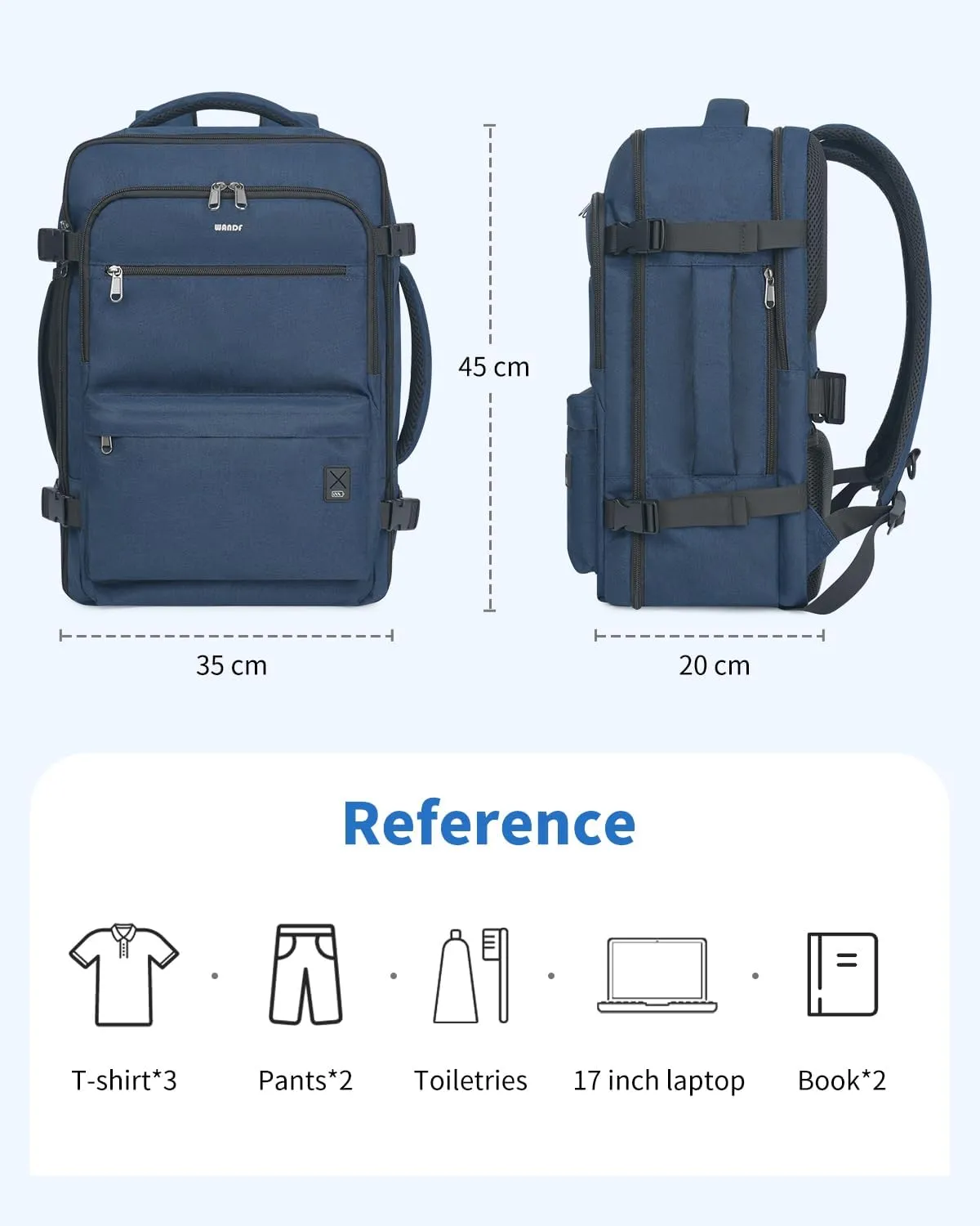 WANDF Travel Backpack For Spirit Airlines Personal Item Bag 18x14x8 with Wet Pocket, 17 Inch Laptop Backpack for Men WomenNavy Blue