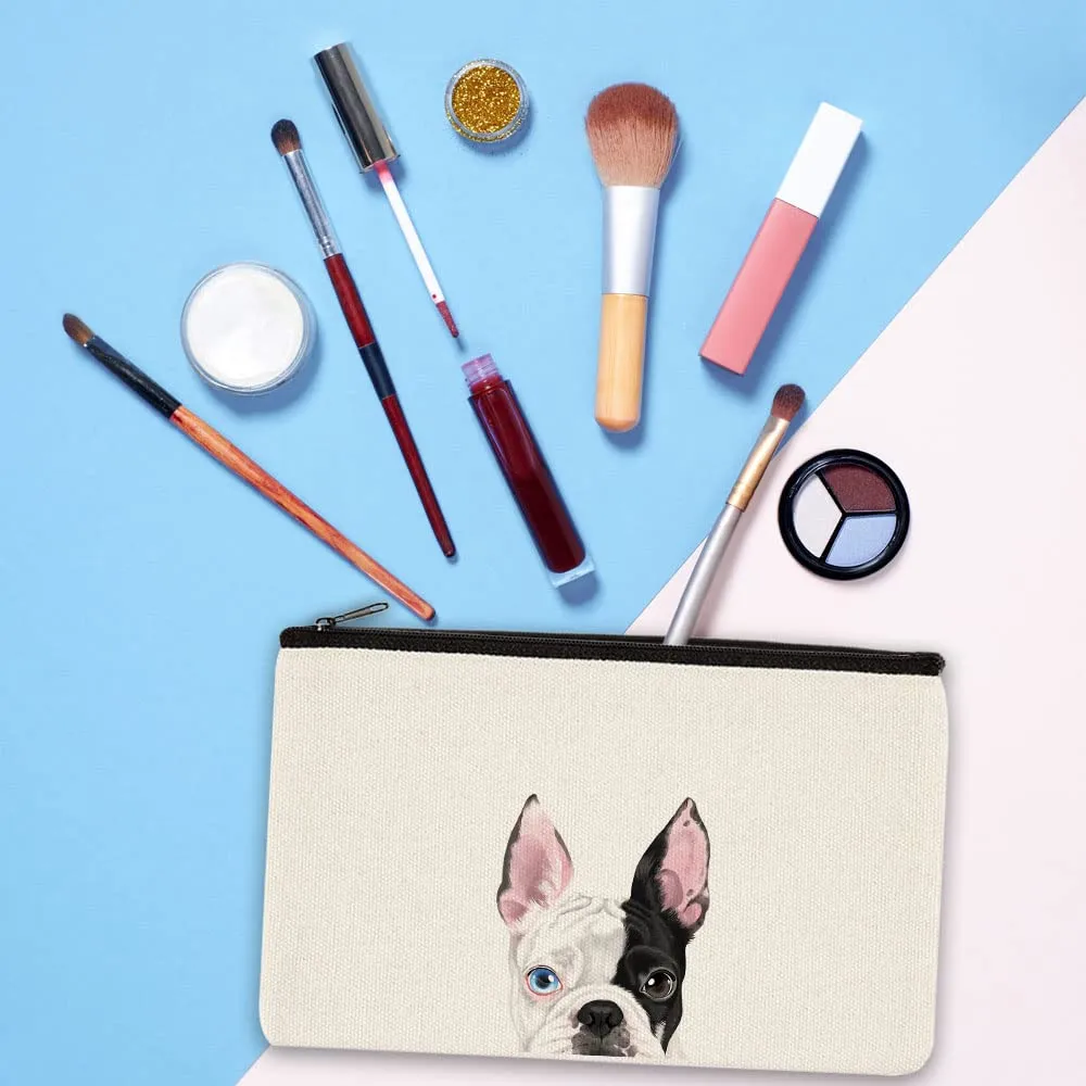 WIRESTER Canvas Zipper Makeup Bag, Cosmetic Pouch, Organizer Case for Women Girl, Multi-Purpose Travel Cosmetic Bag - Boston Terrier Eyepatch Dog