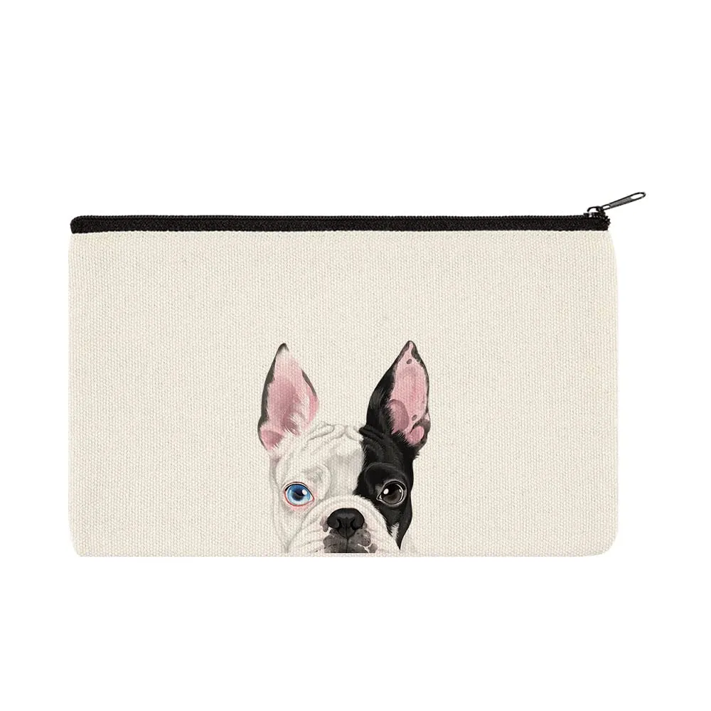 WIRESTER Canvas Zipper Makeup Bag, Cosmetic Pouch, Organizer Case for Women Girl, Multi-Purpose Travel Cosmetic Bag - Boston Terrier Eyepatch Dog