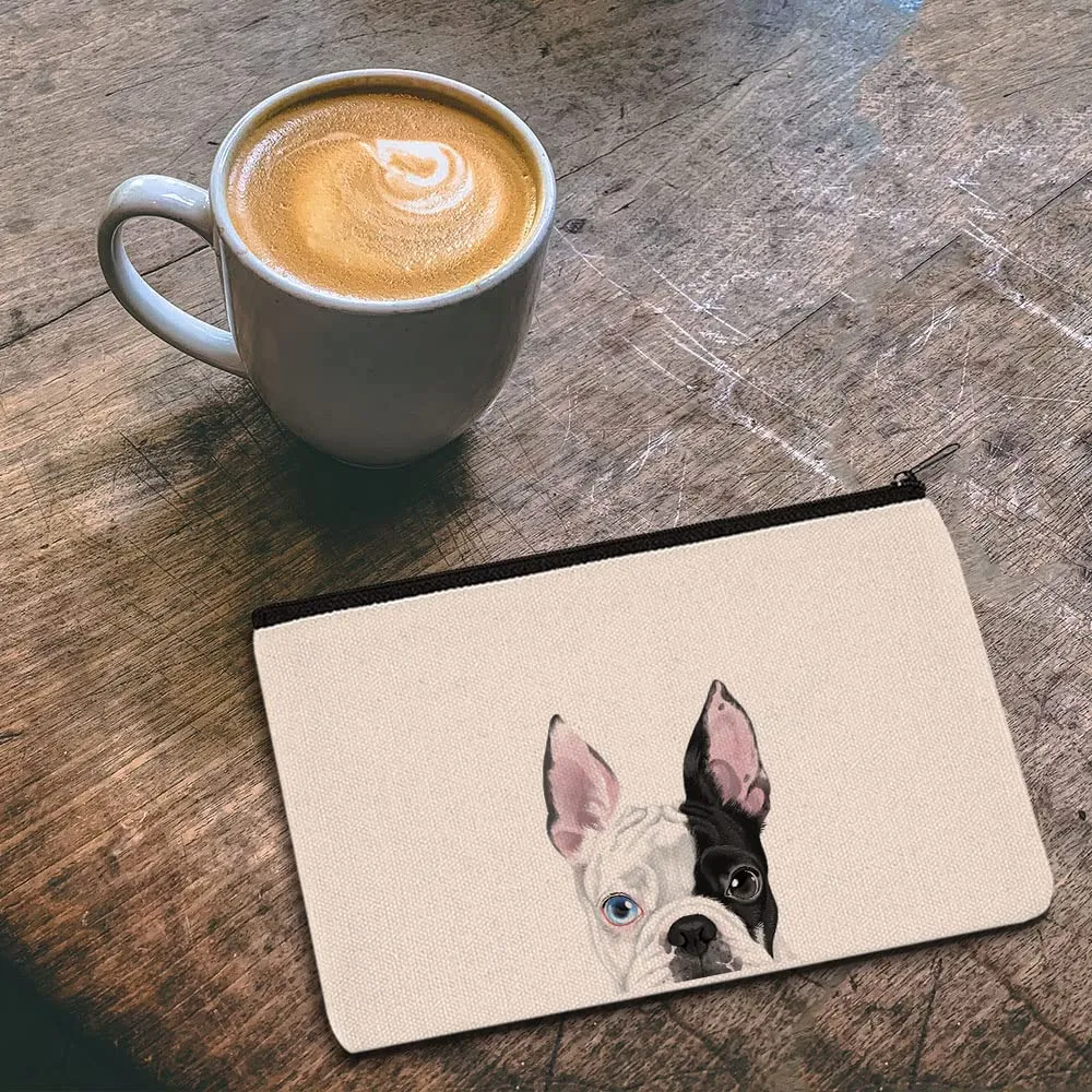 WIRESTER Canvas Zipper Makeup Bag, Cosmetic Pouch, Organizer Case for Women Girl, Multi-Purpose Travel Cosmetic Bag - Boston Terrier Eyepatch Dog