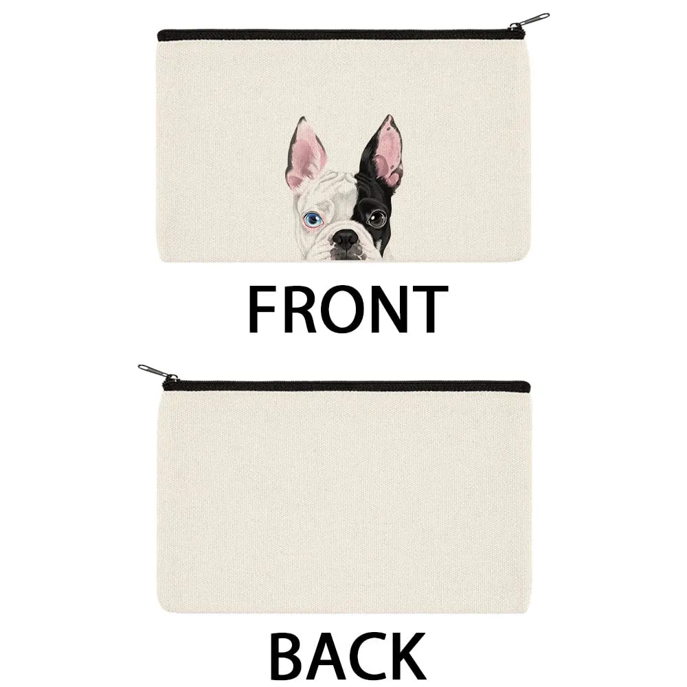 WIRESTER Canvas Zipper Makeup Bag, Cosmetic Pouch, Organizer Case for Women Girl, Multi-Purpose Travel Cosmetic Bag - Boston Terrier Eyepatch Dog